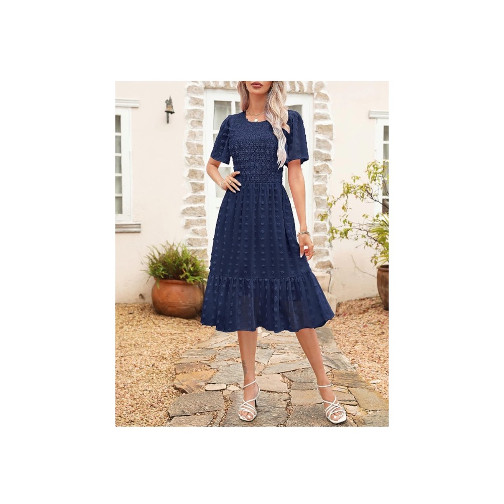 Kranda Round Neck Smocked Flutter Short Sleeve Swiss Dot Casual